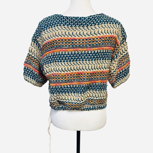 Lou & Grey Knit Crochet Cropped Sweater Top Multicolor Boho Drawstring Oversized - Picture 8 of 12